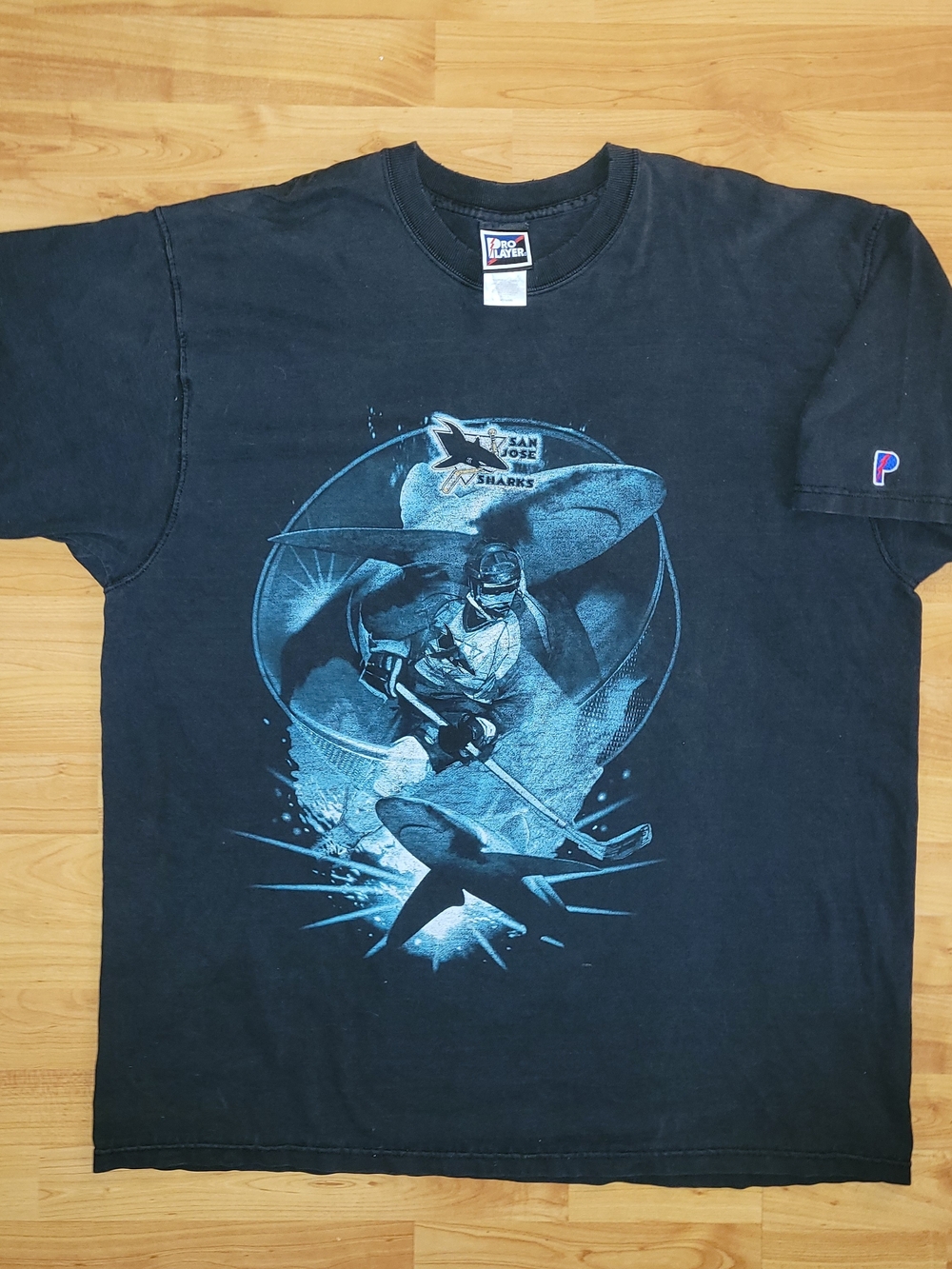 Rare Vintage San Jose Sharks Pro Player NHL Ocean Sharks Graphic Black Tee, 2XL
